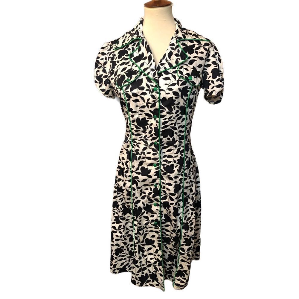 Retro vintage Marianne black and white floral button front with green satin butt